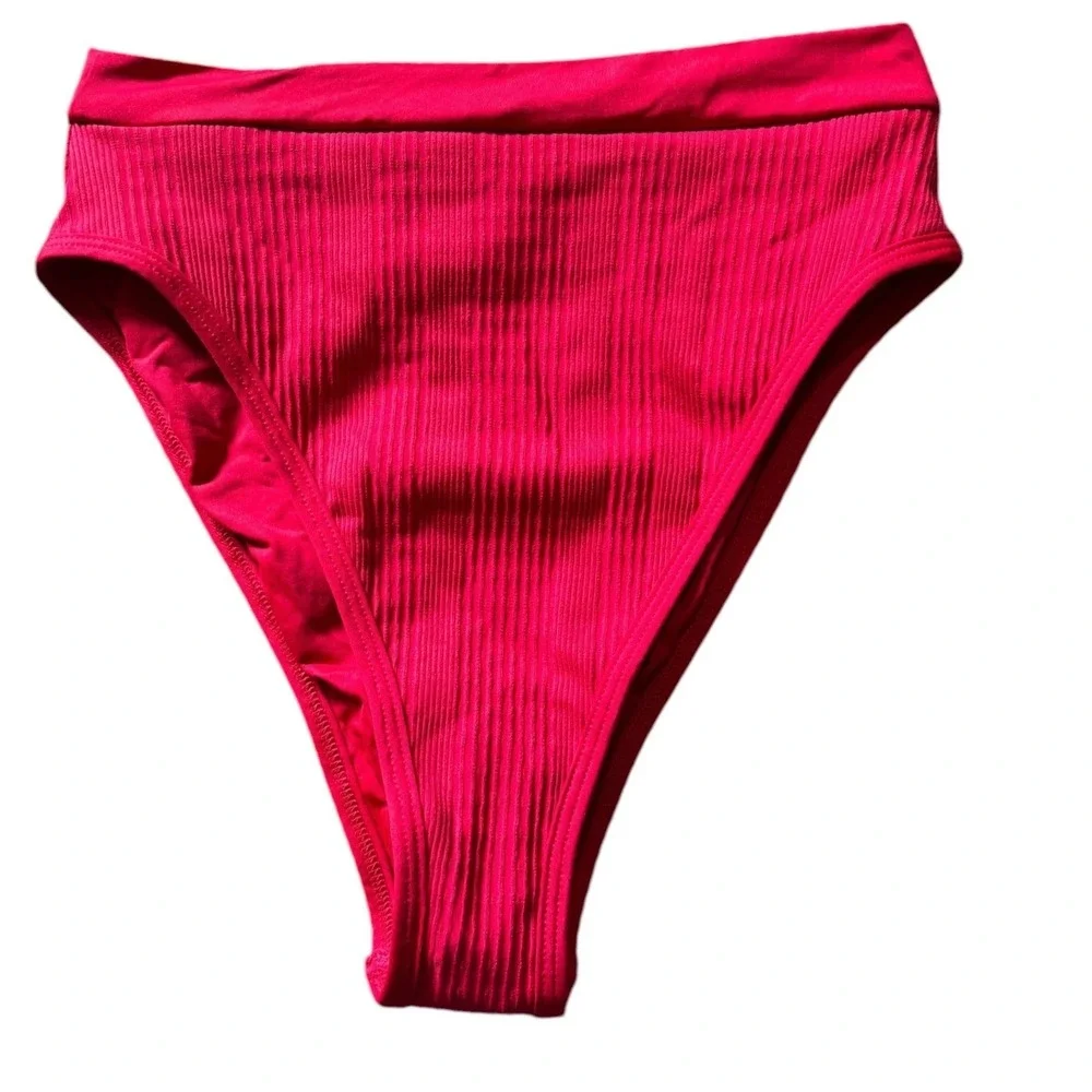 L*Space Frenchi Bitsy Cut High Waisted Ribbed Bikini Bottom Red Large NWOT